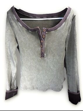 Women’s Long Sleeve Shirt Size M Henley Olive Green Brown Ribbed Stretch New